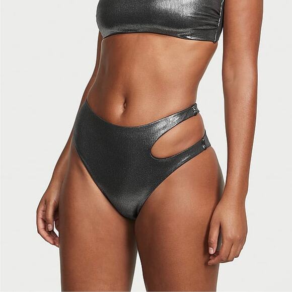 VICTORIA'S SECRET One Shoulder Cut Out High Waist Bikini Set Silver Foil L XL - Picture 3 of 13